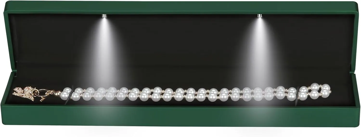 Long Chain Necklace Jewelry Gift Box Case with LED Light, Elegant Velvet Necklace Pendant Bracelet Box for Jewelry Display Wedding Engagment Valentine's Day (Green)