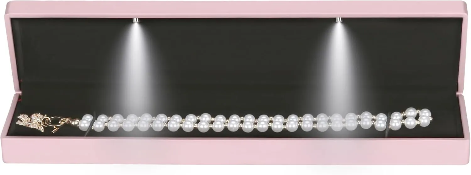 Long Chain Necklace Jewelry Gift Box Case with LED Light, Elegant Velvet Necklace Pendant Bracelet Box for Jewelry Display Wedding Engagment Valentine's Day (Pink)