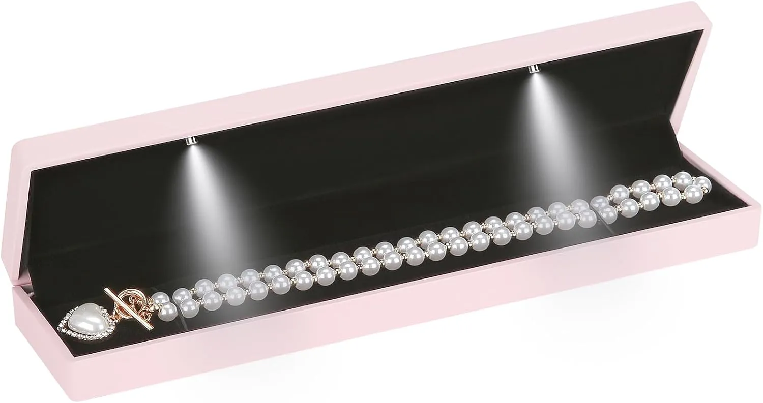 Long Chain Necklace Jewelry Gift Box Case with LED Light, Elegant Velvet Necklace Pendant Bracelet Box for Jewelry Display Wedding Engagment Valentine's Day (Pink)
