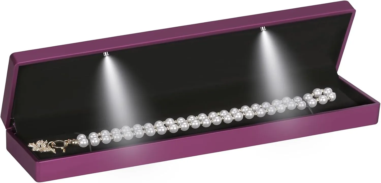 Long Chain Necklace Jewelry Gift Box Case with LED Light, Elegant Velvet Necklace Pendant Bracelet Box for Jewelry Display Wedding Engagment Valentine's Day (Purple)