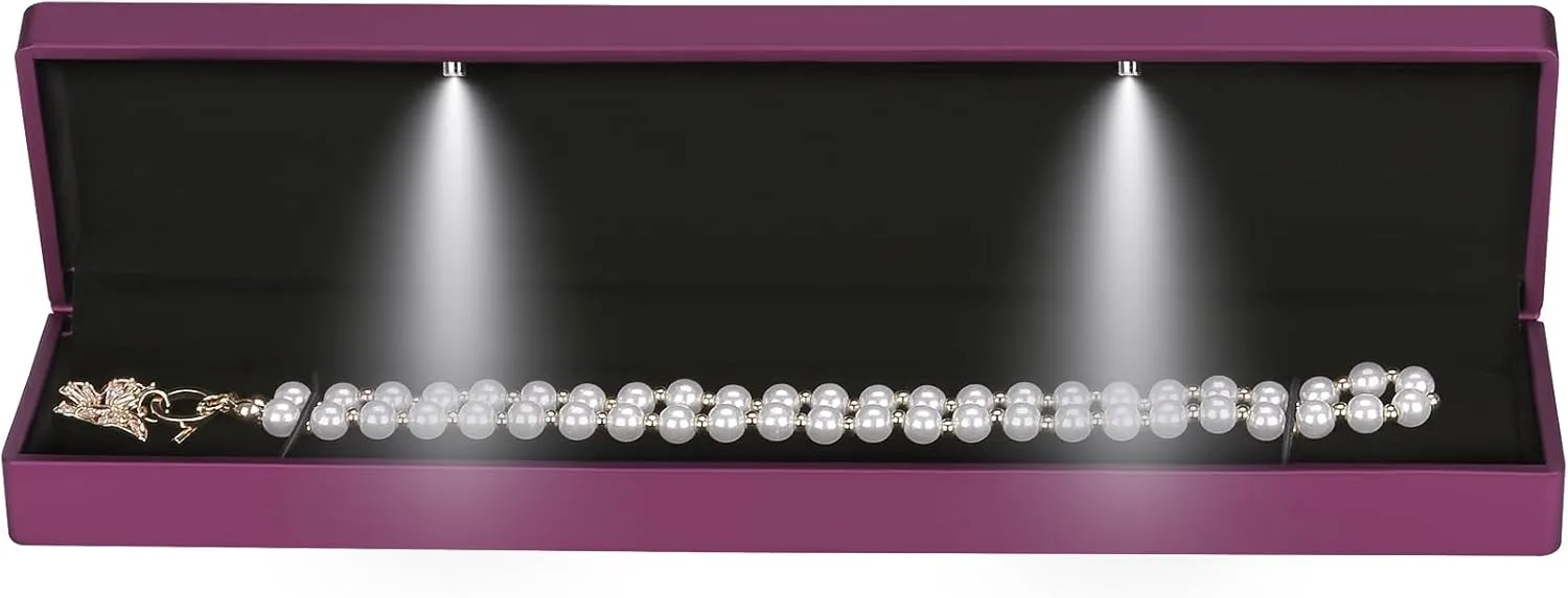 Long Chain Necklace Jewelry Gift Box Case with LED Light, Elegant Velvet Necklace Pendant Bracelet Box for Jewelry Display Wedding Engagment Valentine's Day (Purple)