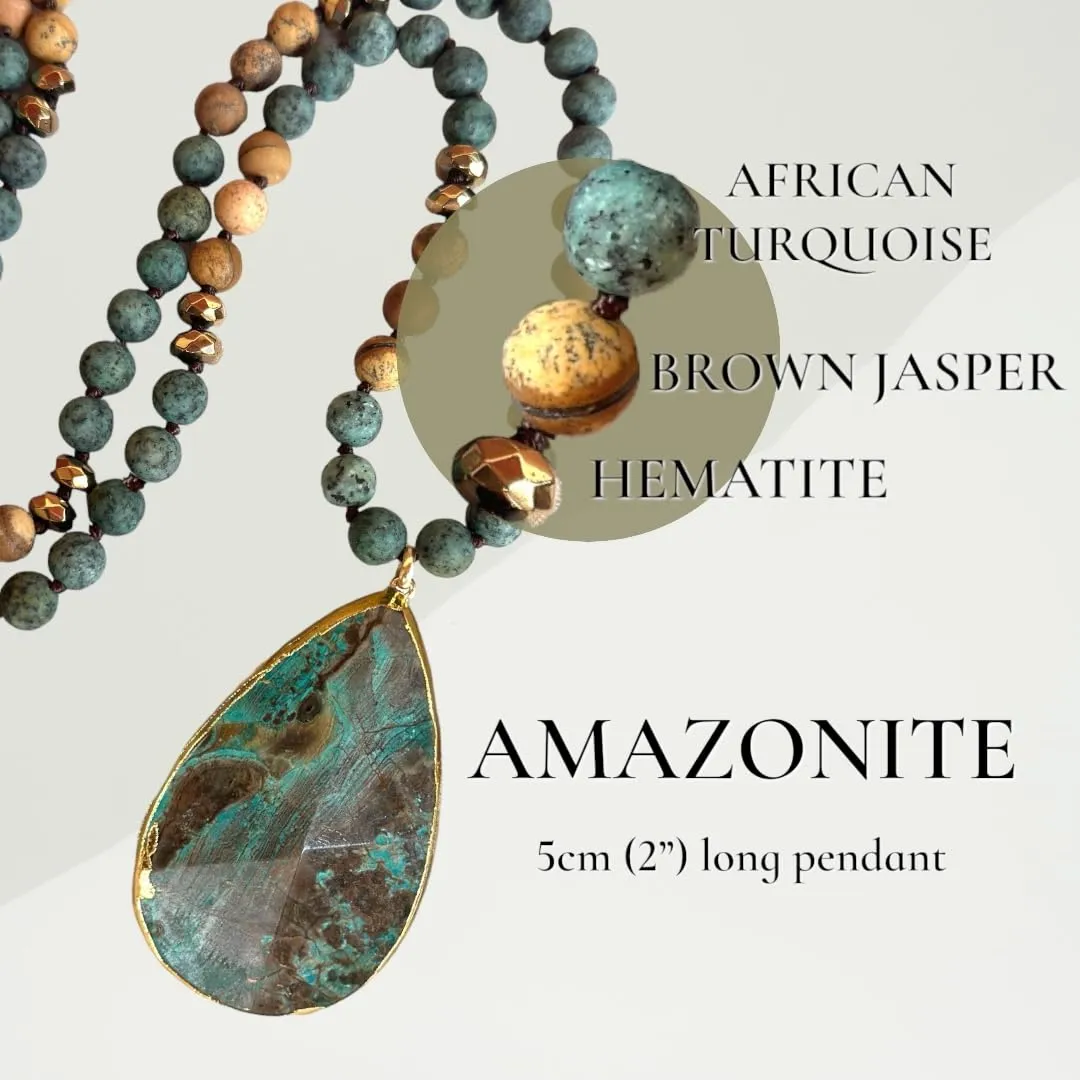 Long Genuine Stone beads and Pendant Necklace for Woman. Hand Knotted natural stone beads with big non-precious stone statement necklace. HANDMADE Boho Jewelry for women (Turquoise Green)