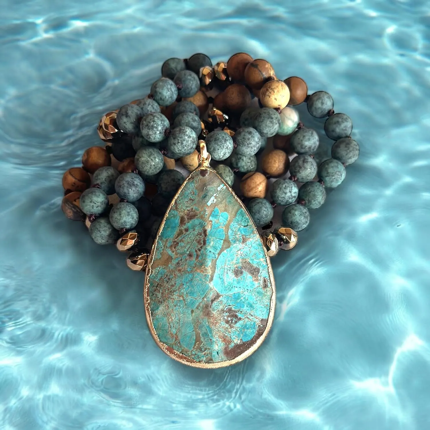 Long Genuine Stone beads and Pendant Necklace for Woman. Hand Knotted natural stone beads with big non-precious stone statement necklace. HANDMADE Boho Jewelry for women (Turquoise Green)