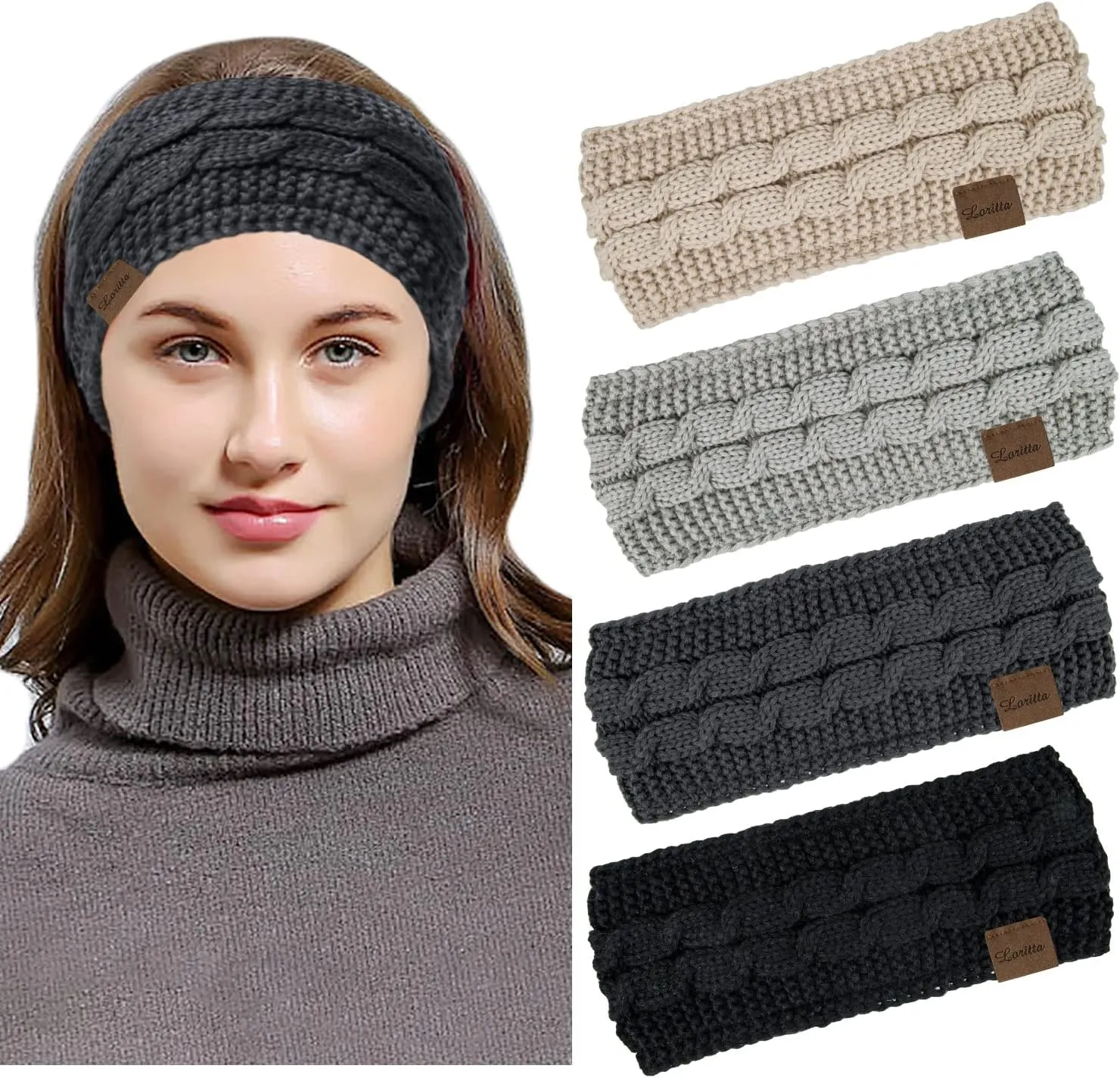 Loritta 4 Pack Womens Winter Headbands Fuzzy Fleece Lined Ear Warmer Cable Knit Thick Warm Crochet Headband Gifts