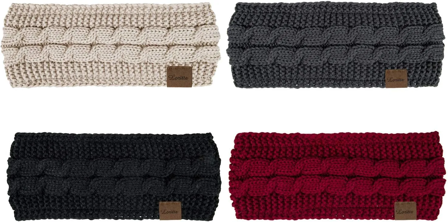 Loritta 4 Pack Womens Winter Headbands Fuzzy Fleece Lined Ear Warmer Cable Knit Thick Warm Crochet Headband Gifts