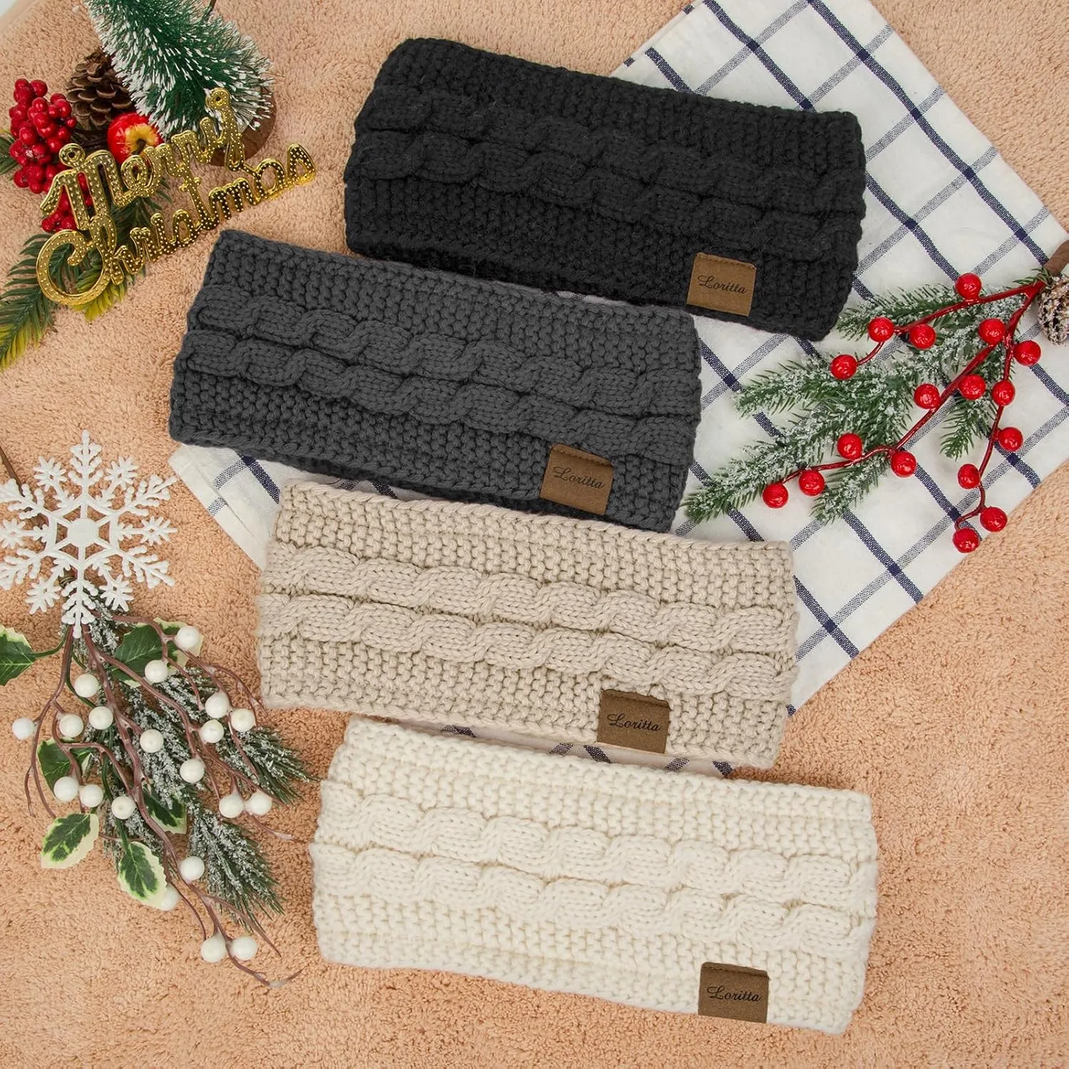 Loritta 4 Pack Womens Winter Headbands Fuzzy Fleece Lined Ear Warmer Cable Knit Thick Warm Crochet Headband Gifts