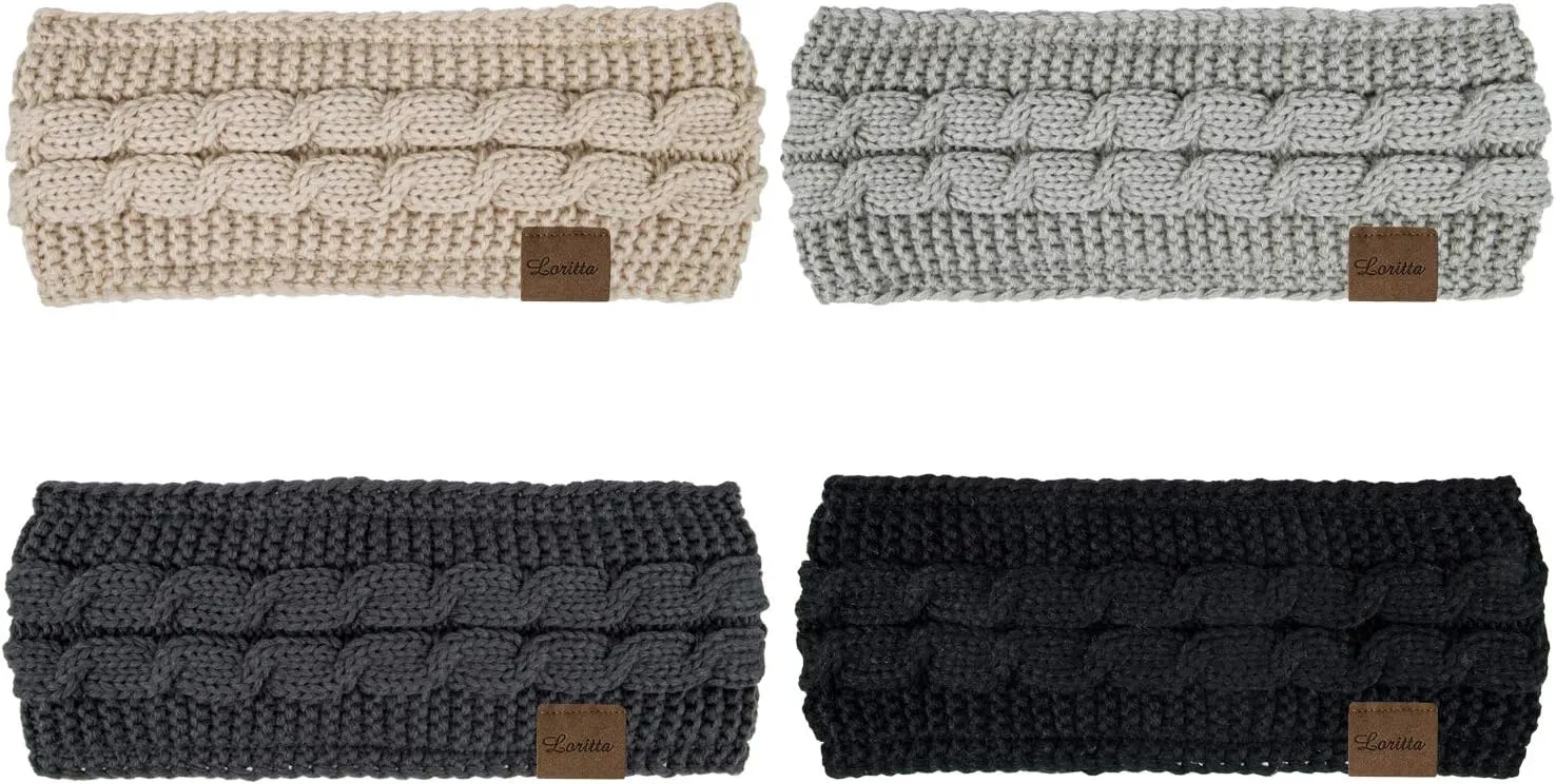 Loritta 4 Pack Womens Winter Headbands Fuzzy Fleece Lined Ear Warmer Cable Knit Thick Warm Crochet Headband Gifts