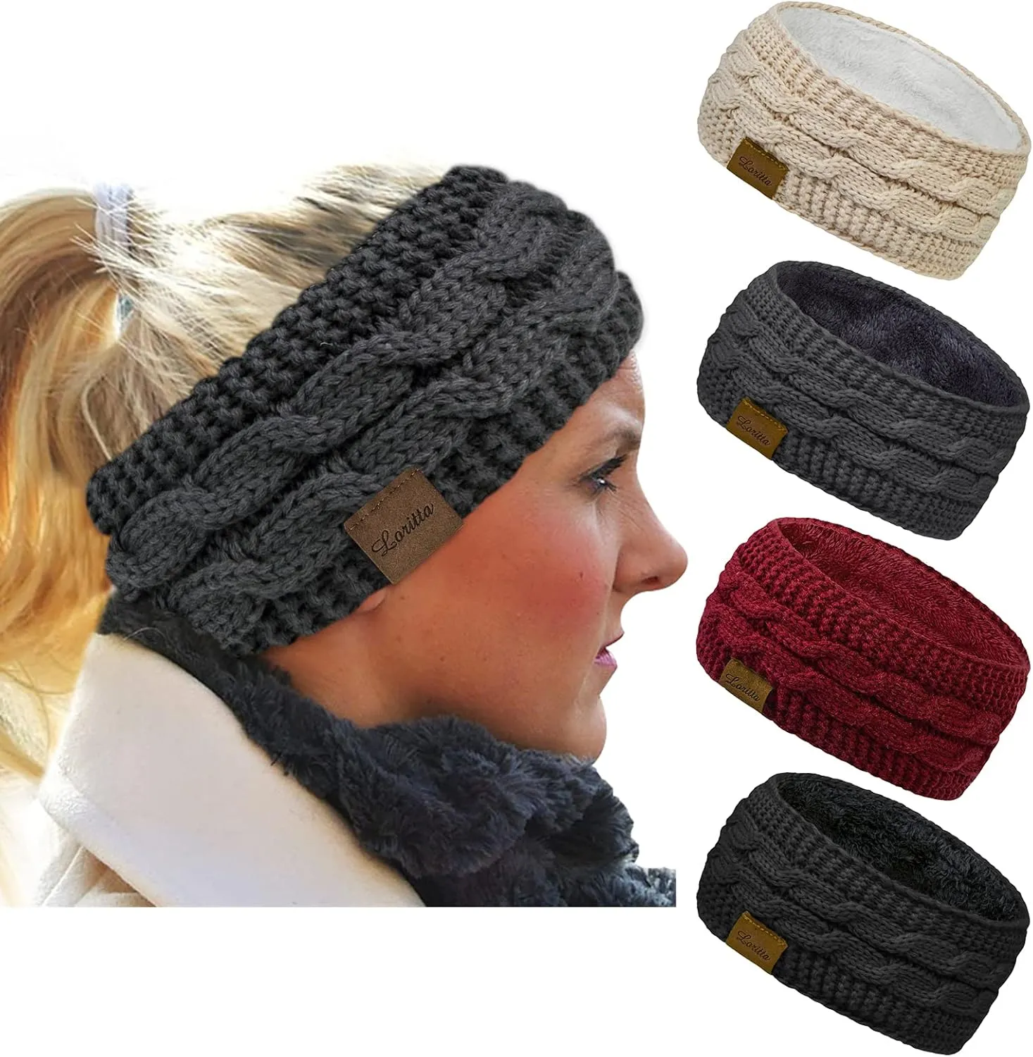 Loritta 4 Pack Womens Winter Headbands Fuzzy Fleece Lined Ear Warmer Cable Knit Thick Warm Crochet Headband Gifts