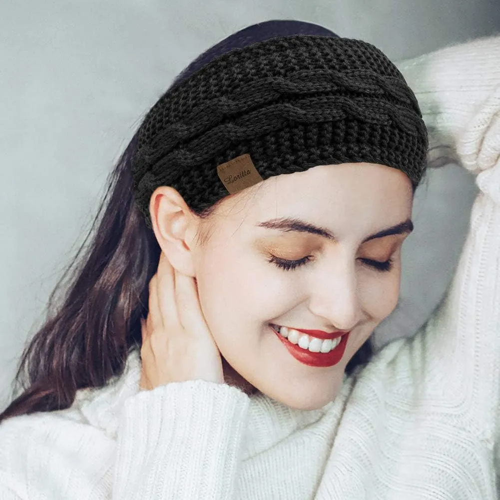 Loritta 4 Pack Womens Winter Headbands Fuzzy Fleece Lined Ear Warmer Cable Knit Thick Warm Crochet Headband Gifts
