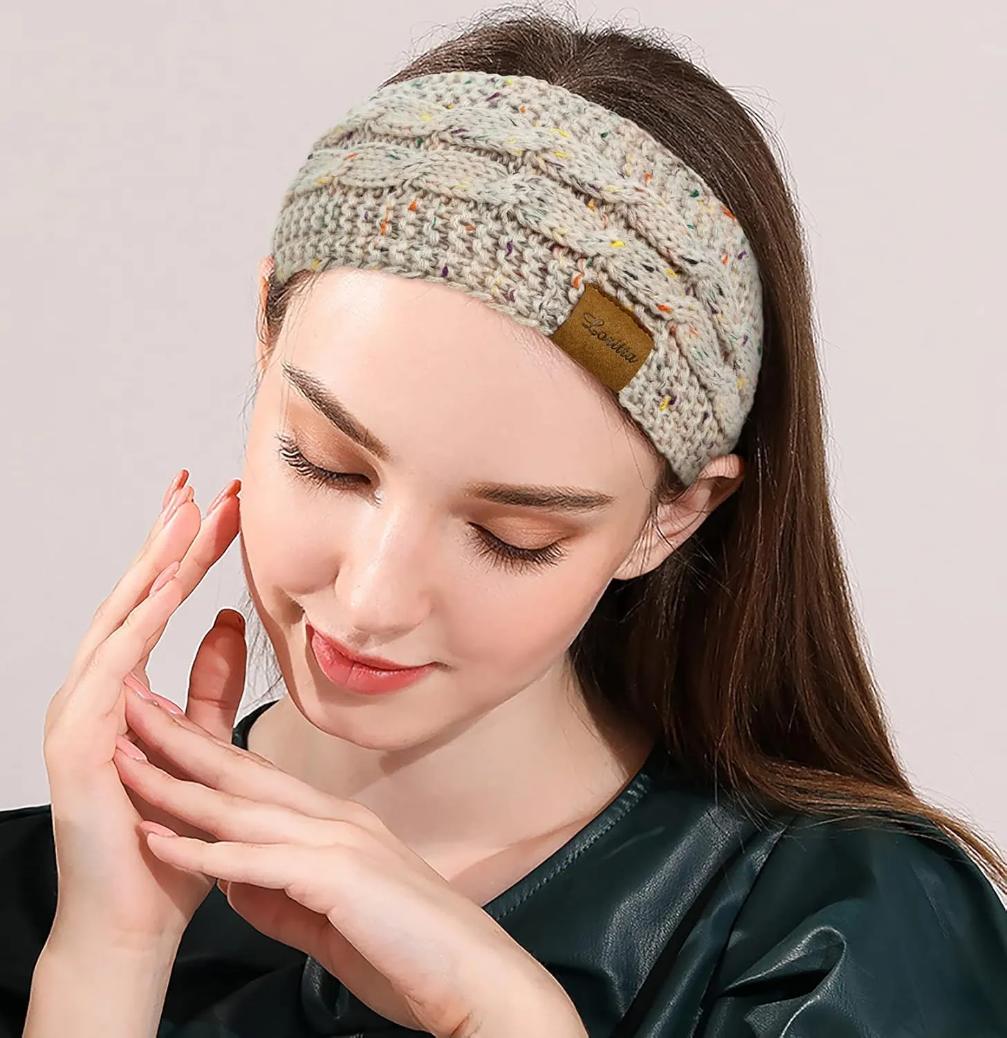Loritta Womens Ear Warmers Headbands Winter Warm Fuzzy Cable Knit Head Wrap Fleece Lined Gifts,Beige