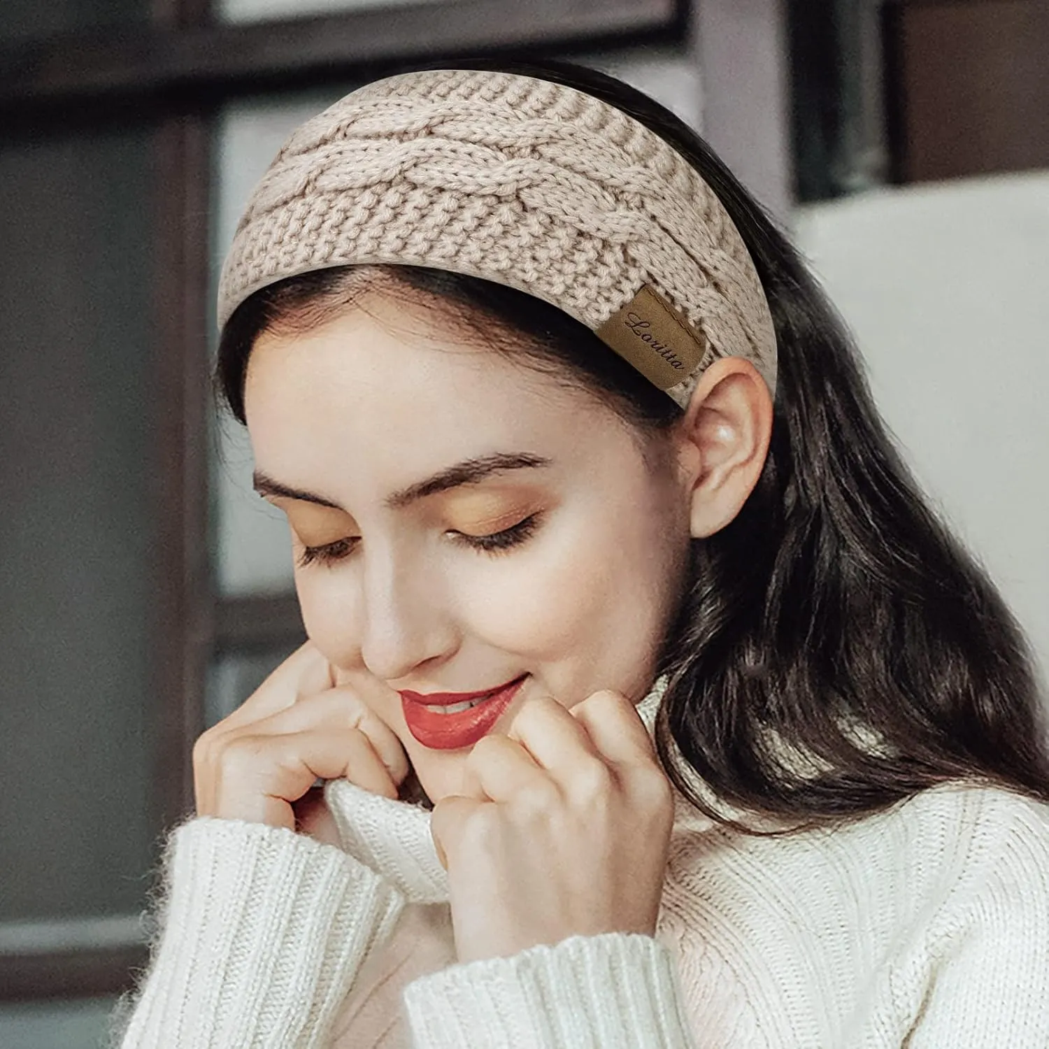Loritta Womens Ear Warmers Headbands Winter Warm Fuzzy Cable Knit Head Wrap Fleece Lined Gifts,Pure Beige