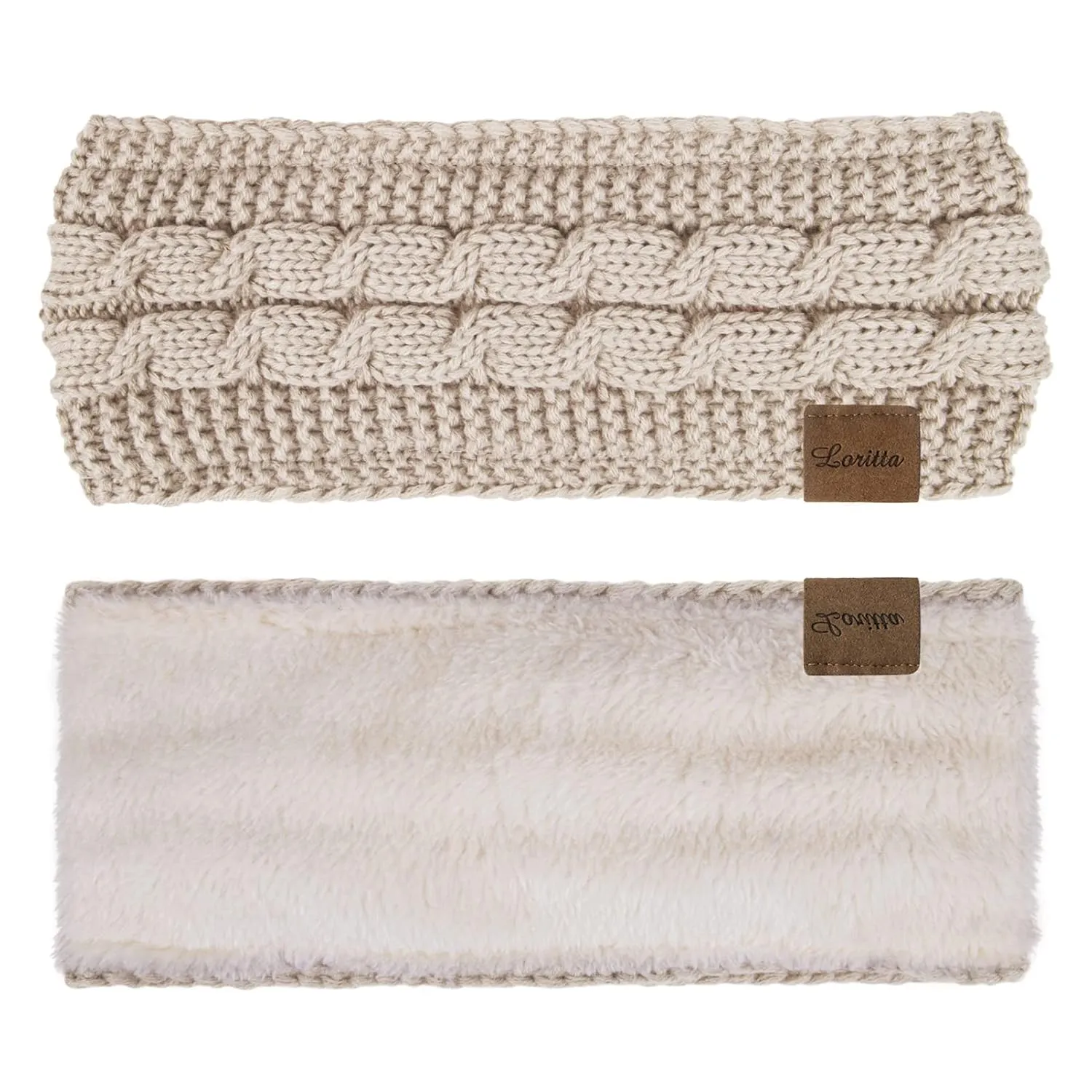 Loritta Womens Ear Warmers Headbands Winter Warm Fuzzy Cable Knit Head Wrap Fleece Lined Gifts,Pure Beige