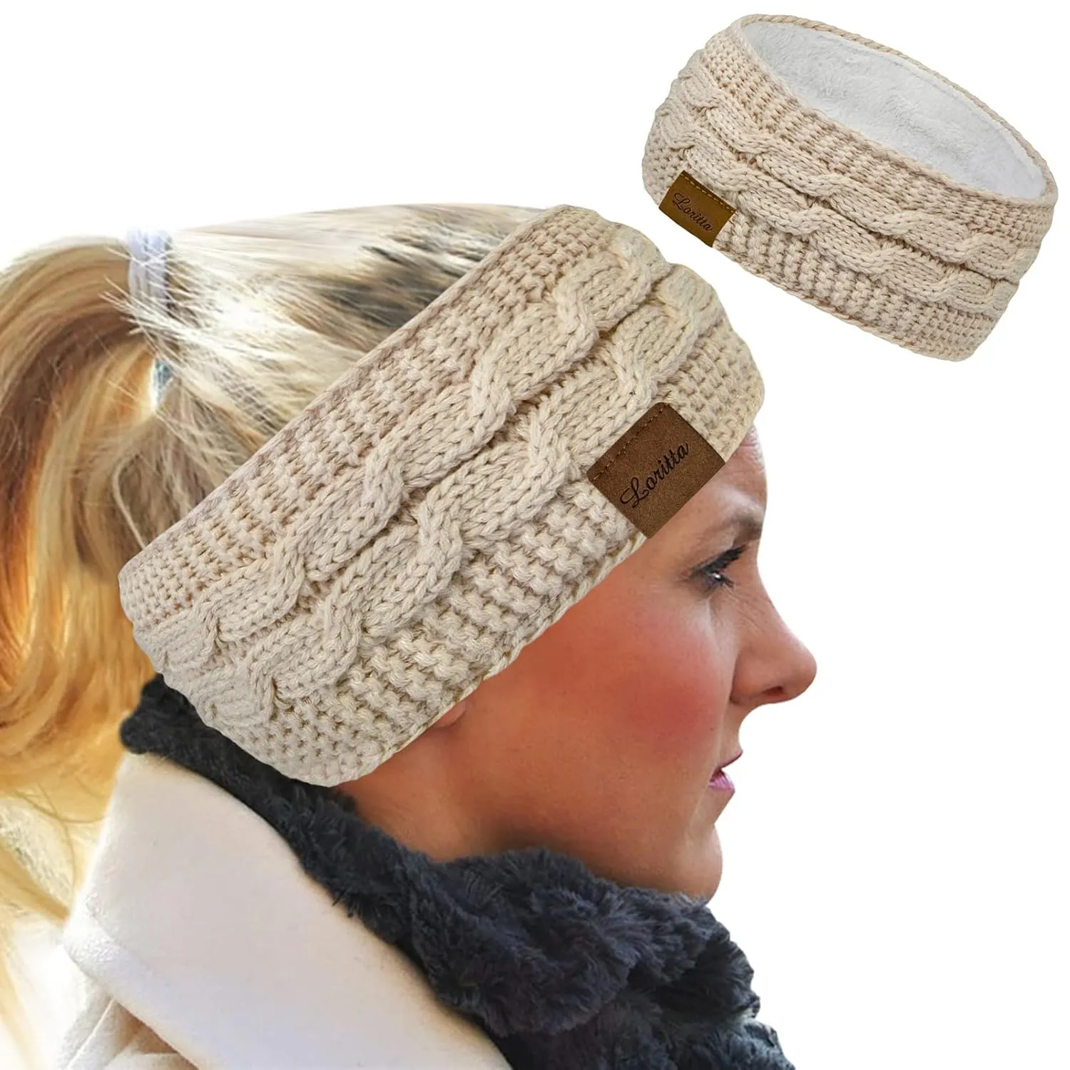 Loritta Womens Ear Warmers Headbands Winter Warm Fuzzy Cable Knit Head Wrap Fleece Lined Gifts,Pure Beige