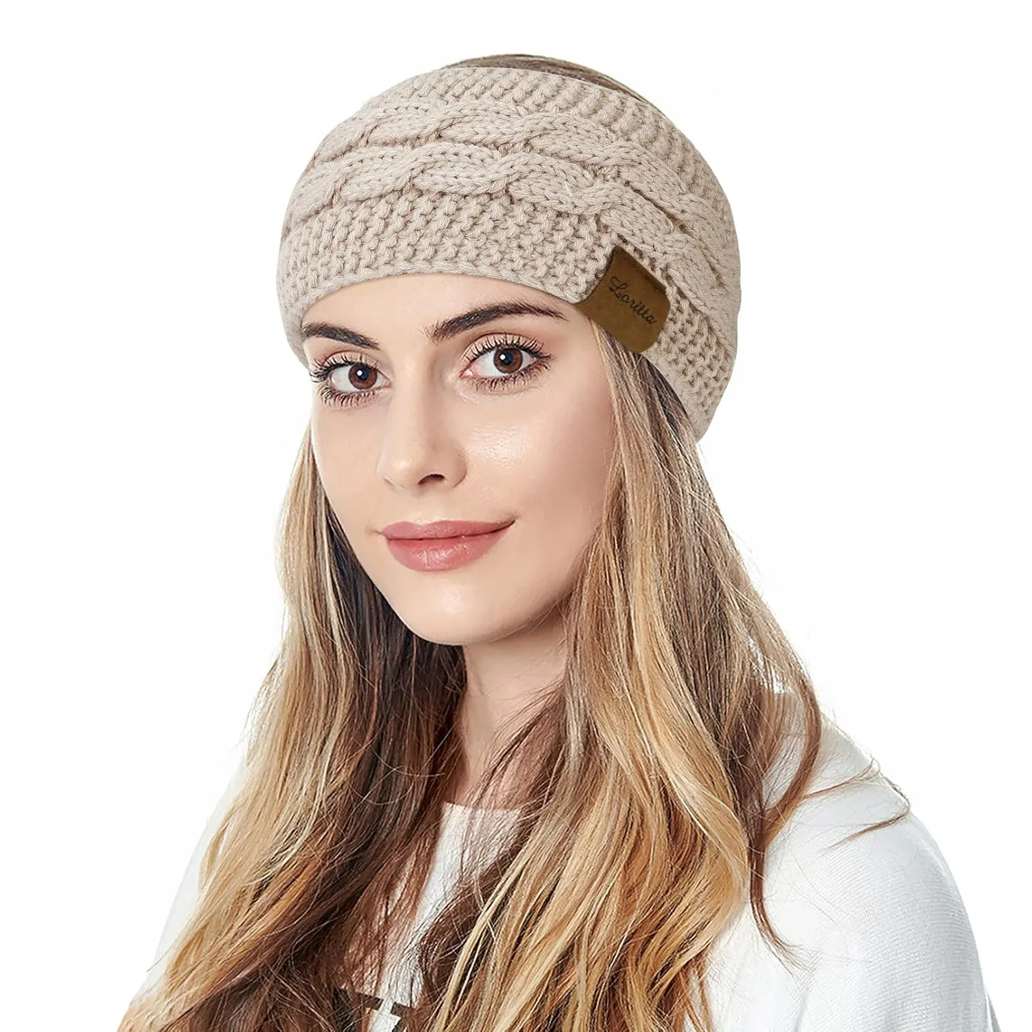 Loritta Womens Ear Warmers Headbands Winter Warm Fuzzy Cable Knit Head Wrap Fleece Lined Gifts,Pure Beige