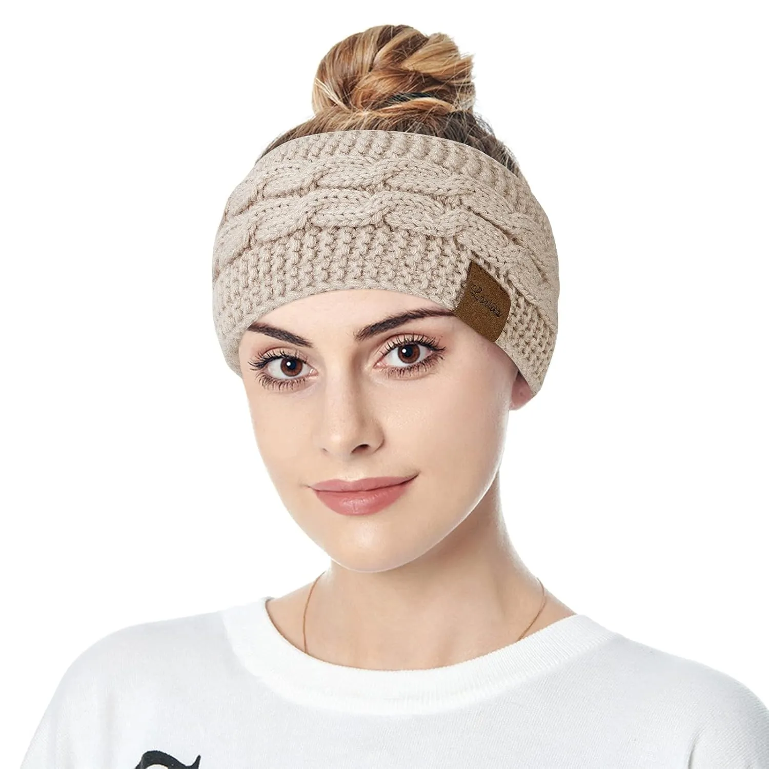 Loritta Womens Ear Warmers Headbands Winter Warm Fuzzy Cable Knit Head Wrap Fleece Lined Gifts,Pure Beige