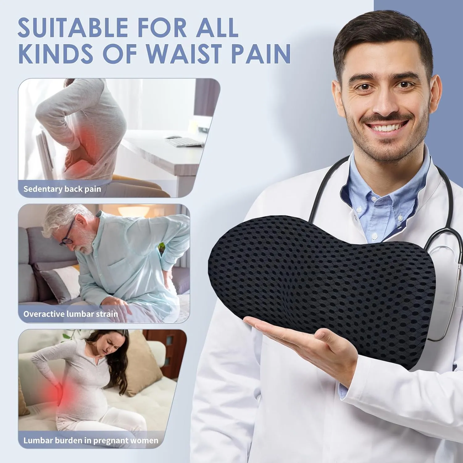Lumbar Support Pillow Ergonomic Memory Foam Lumbar Pillow, Relieve Back Pain, CMFY Breathable & Detachable & Washable, Neo Cushion Lower Back Pillow for Office Chairs, Car Seats (Black)