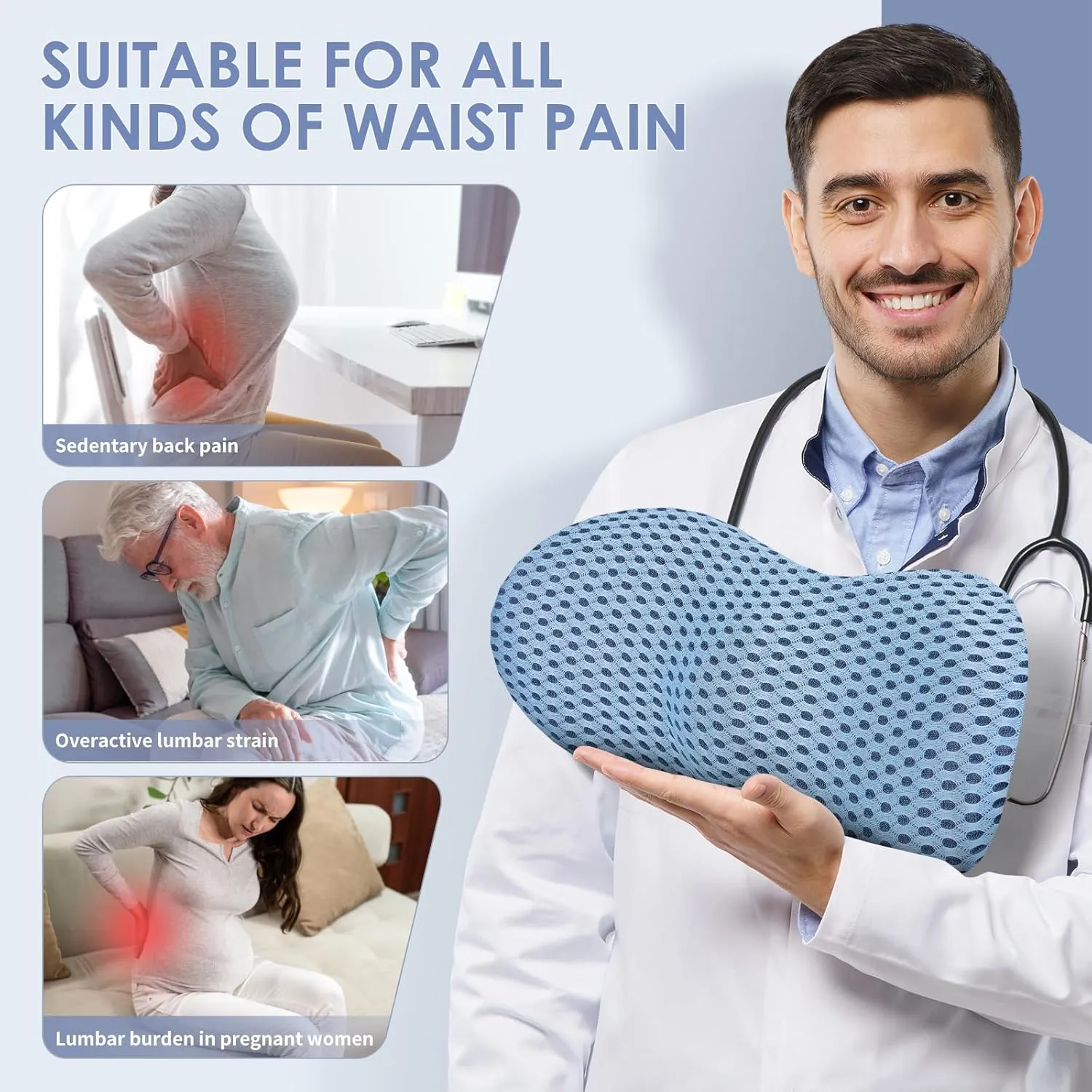 Lumbar Support Pillow Ergonomic Memory Foam, Relieve Back Pain, CMFY Breathable & Detachable & Washable, Perfect for Office Chairs, Car Seats, Beds (Blue)