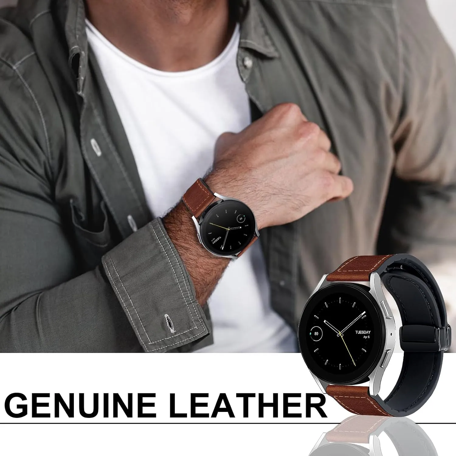 Magnetic Leather Band Compatible with Samsung Galaxy Watch 7/6/5/4/Active 2 40mm 44mm/Watch 6 Classic 43mm 47mm/Watch 5 Pro 45mm/Watch 4 Classic 42mm 46mm, 20mm Strap for Men