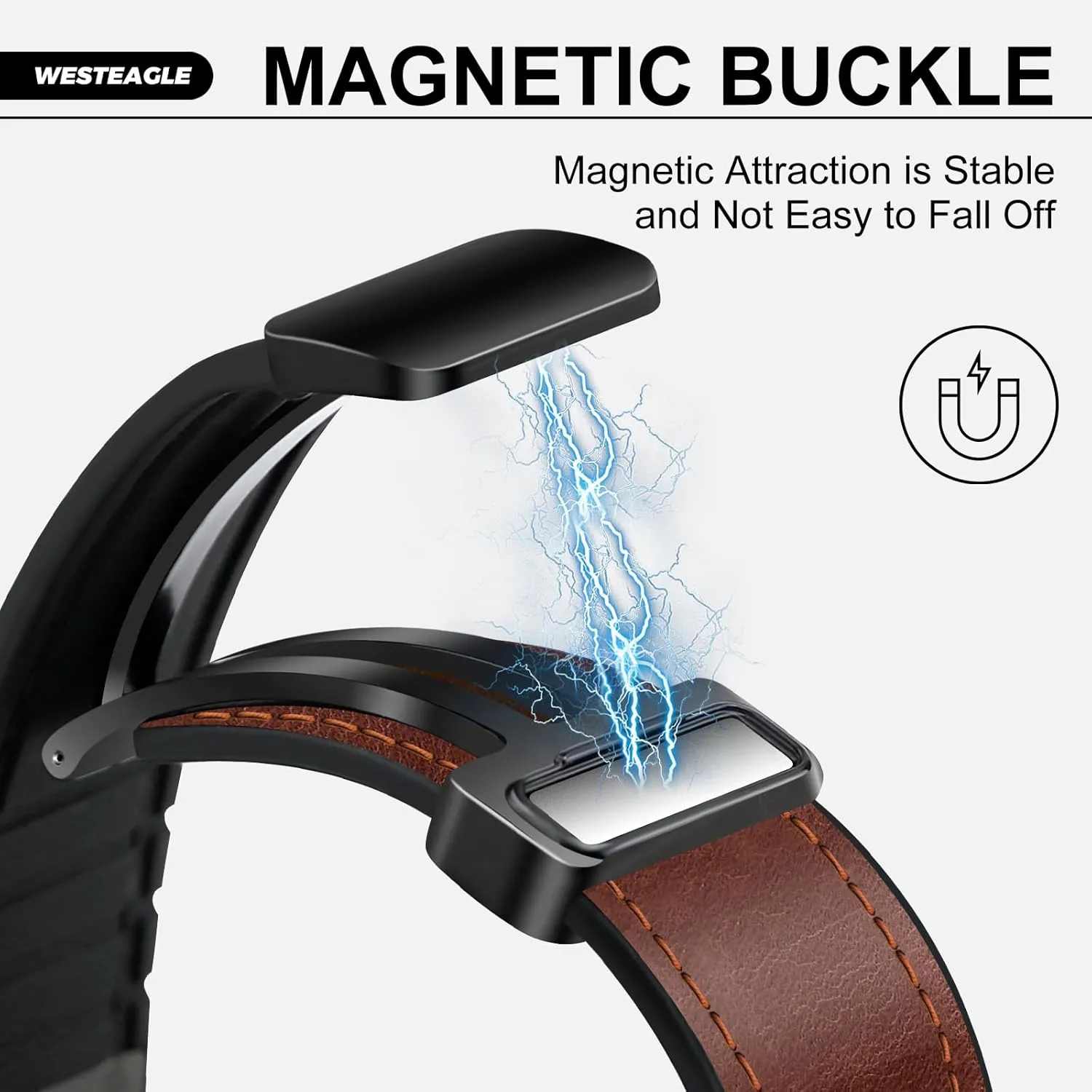 Magnetic Leather Band Compatible with Samsung Galaxy Watch 7/6/5/4/Active 2 40mm 44mm/Watch 6 Classic 43mm 47mm/Watch 5 Pro 45mm/Watch 4 Classic 42mm 46mm, 20mm Strap for Men