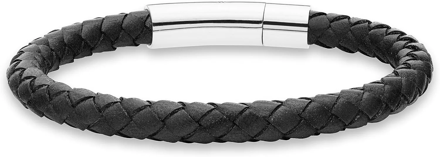 Miabella Genuine Italian Braided Leather Bracelet for Men, Stainless Steel Clasp, Made in Italy