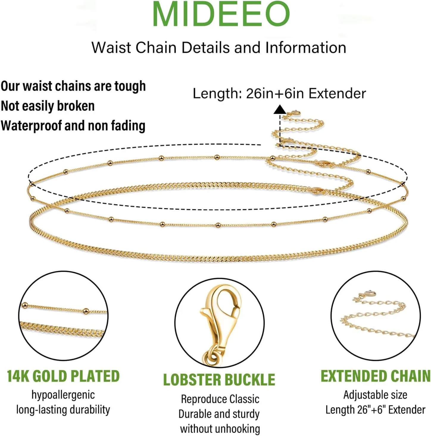 MIDEEO 2PCS 14K Silver Plated Waist Chain Pearl Belly Body Chain for Sexy Bikini Layered Adjustable Jewelry for Women
