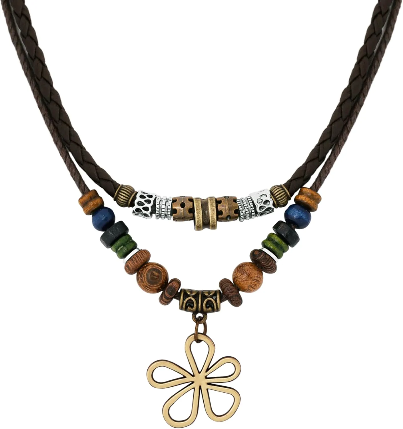 MINACHI Layered Boho Wood Bead Choker Necklace, Hollow Flower Charm, Personality Jewelry for Men and Women