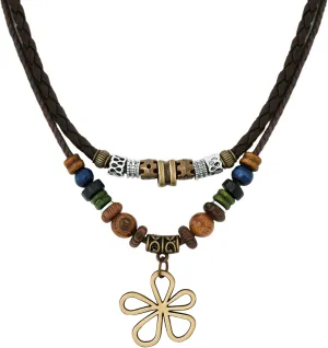 MINACHI Layered Boho Wood Bead Choker Necklace, Hollow Flower Charm, Personality Jewelry for Men and Women