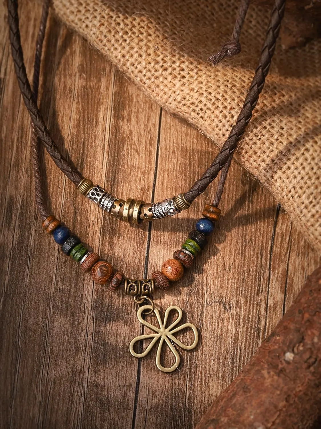 MINACHI Layered Boho Wood Bead Choker Necklace, Hollow Flower Charm, Personality Jewelry for Men and Women