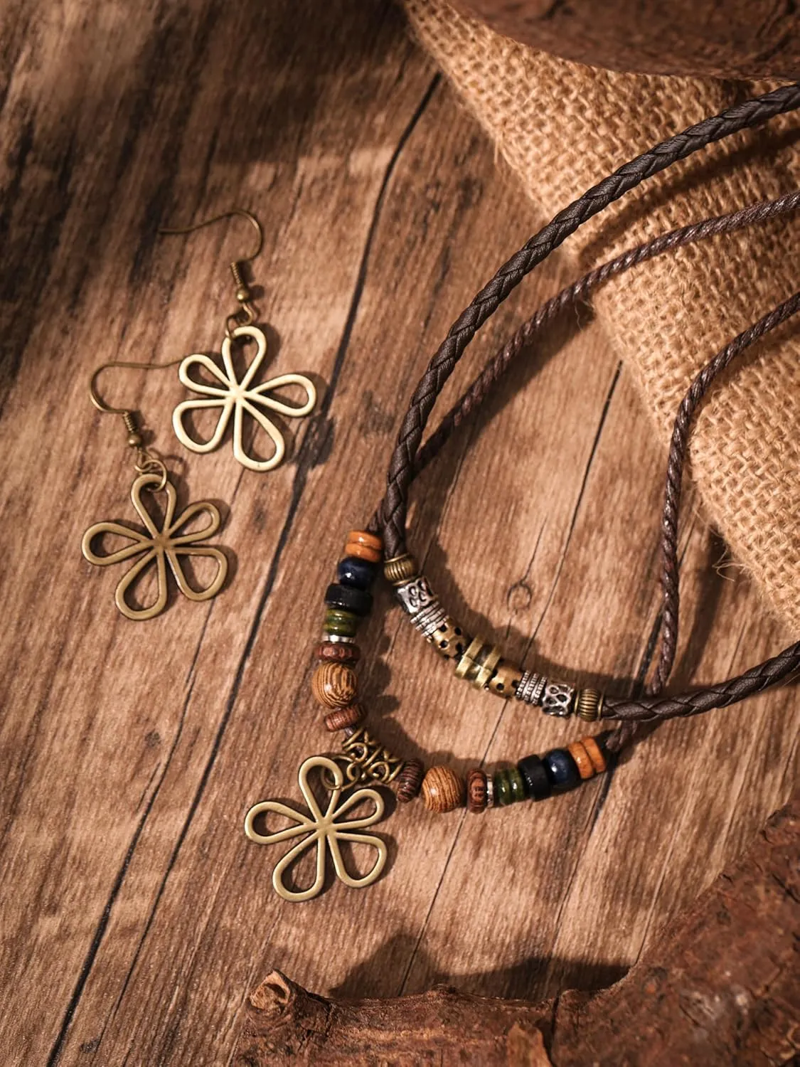 MINACHI Layered Boho Wood Bead Choker Necklace, Hollow Flower Charm, Personality Jewelry for Men and Women