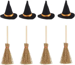 Mini Witch Hats and Brooms - Halloween Decorations for Party Favors, Birthday, Wedding, DIY Crafts Accessories - Set of 12 (6 Black Witch Hats   6 Broom Sticks)