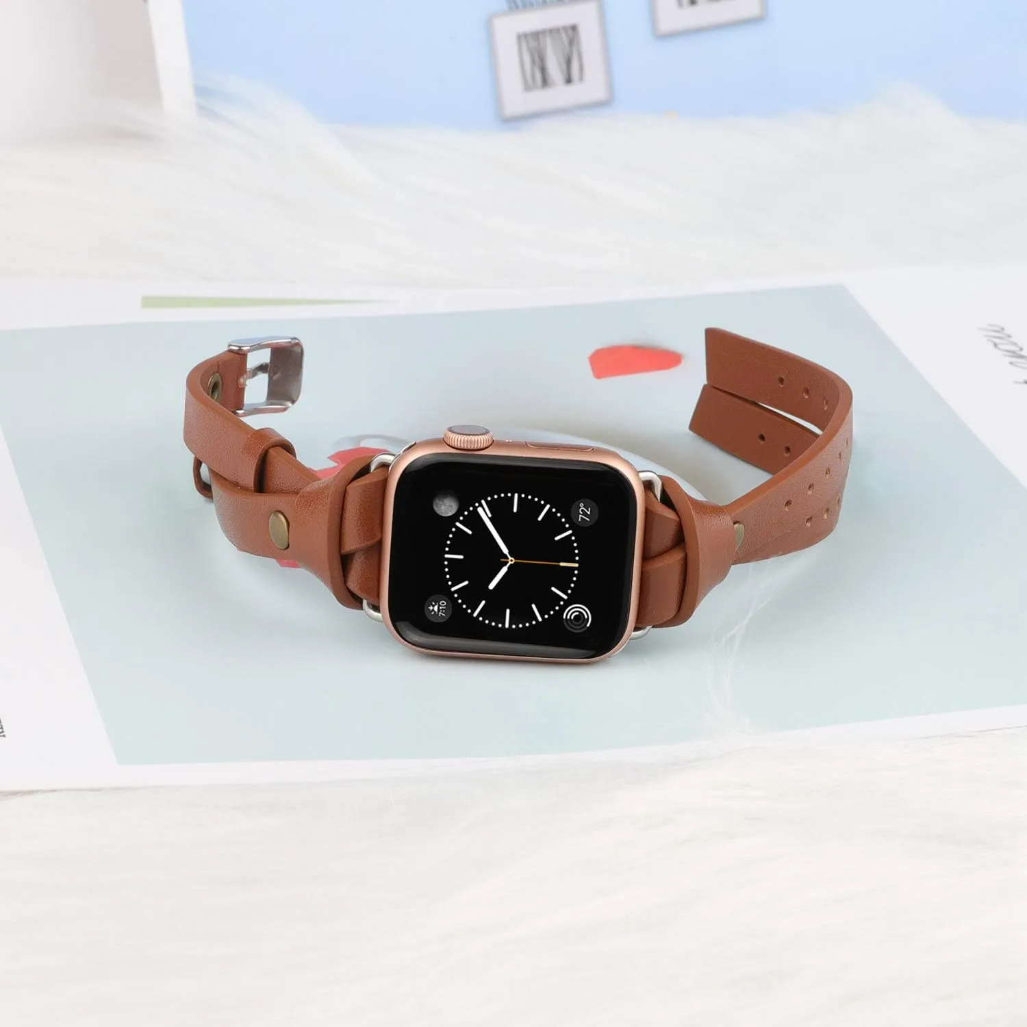 Minyee Leather Band Compatible with Apple Watch Bands 38/40/41/42/44/45/46/49mm Women, Slim Double Knotted Fasten with Rivet Dressy Strap for iWatch Series 10 9 Ultra SE 8 7 6 5 4 3 2 1, Light Brown