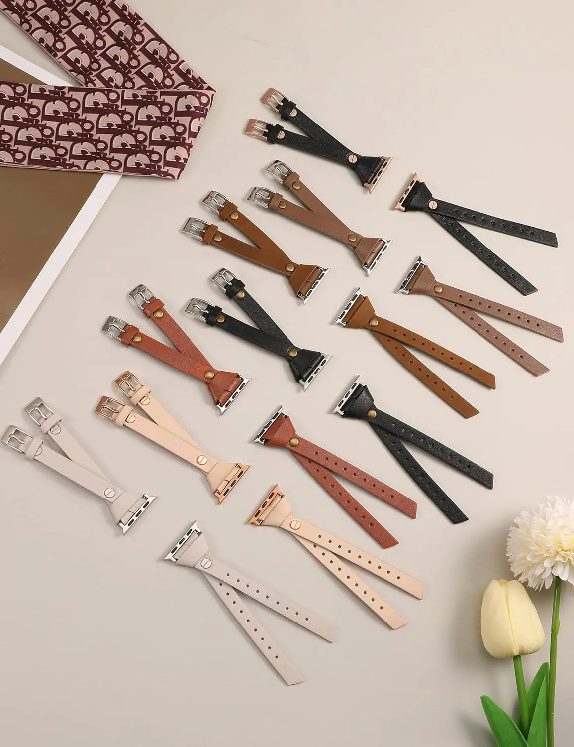 Minyee Leather Band Compatible with Apple Watch Bands 38/40/41/42/44/45/46/49mm Women, Slim Double Knotted Fasten with Rivet Dressy Strap for iWatch Series 10 9 Ultra SE 8 7 6 5 4 3 2 1, Light Brown