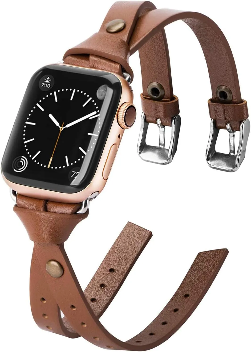 Minyee Leather Band Compatible with Apple Watch Bands 38/40/41/42/44/45/46/49mm Women, Slim Double Knotted Fasten with Rivet Dressy Strap for iWatch Series 10 9 Ultra SE 8 7 6 5 4 3 2 1, Light Brown