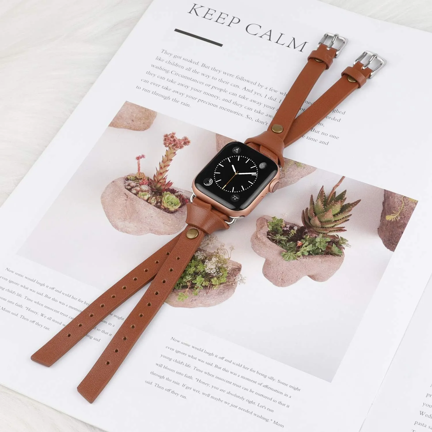 Minyee Leather Band Compatible with Apple Watch Bands 38/40/41/42/44/45/46/49mm Women, Slim Double Knotted Fasten with Rivet Dressy Strap for iWatch Series 10 9 Ultra SE 8 7 6 5 4 3 2 1, Light Brown