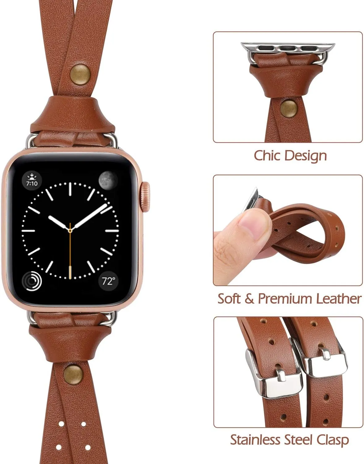 Minyee Leather Band Compatible with Apple Watch Bands 38/40/41/42/44/45/46/49mm Women, Slim Double Knotted Fasten with Rivet Dressy Strap for iWatch Series 10 9 Ultra SE 8 7 6 5 4 3 2 1, Light Brown