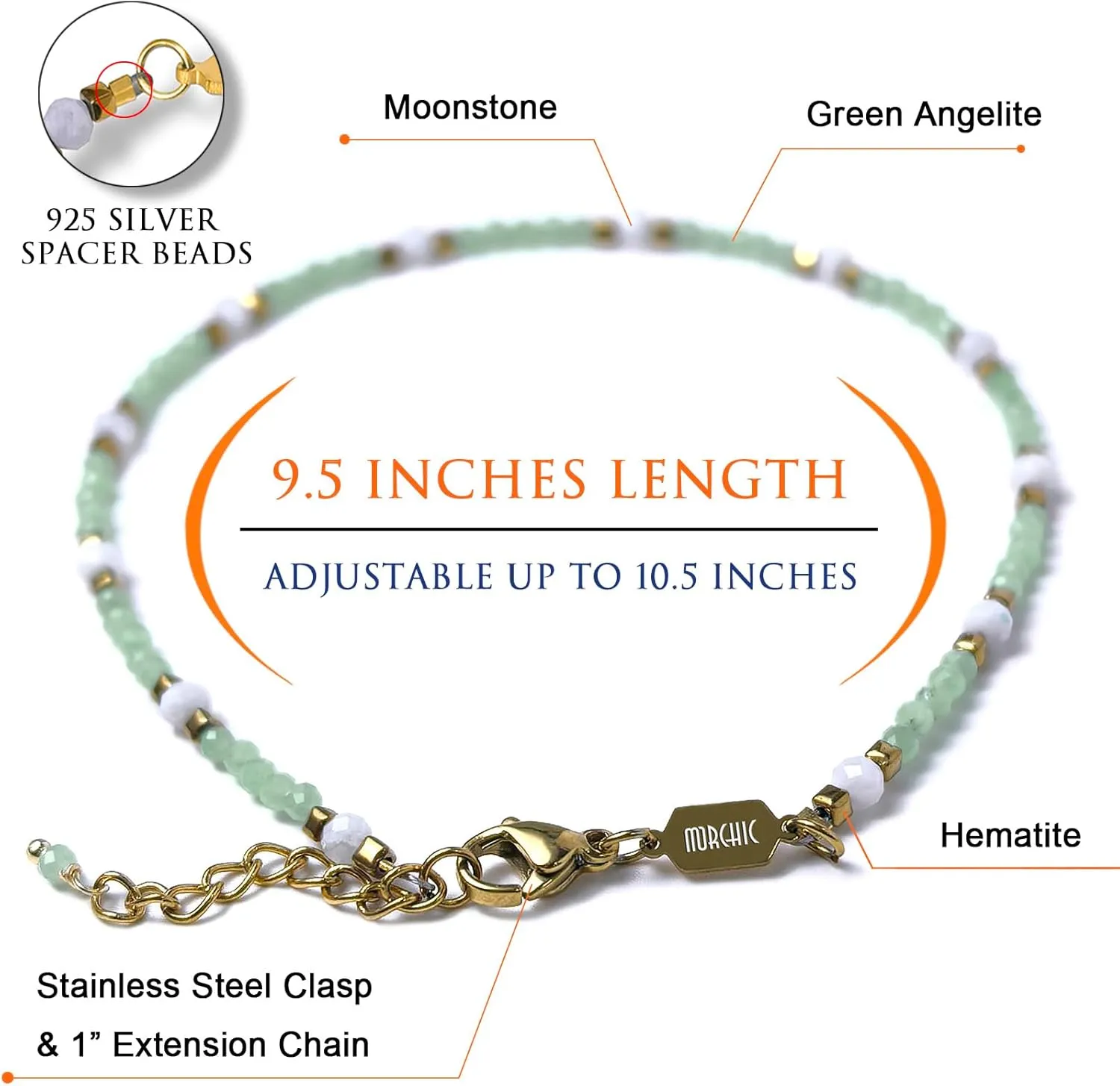 Morchic Adjustable Anklet for Women. Colorful Natural Gemstone Foot Chain Jewelry Summer Beach 2mm Tiny Beads 9.5"