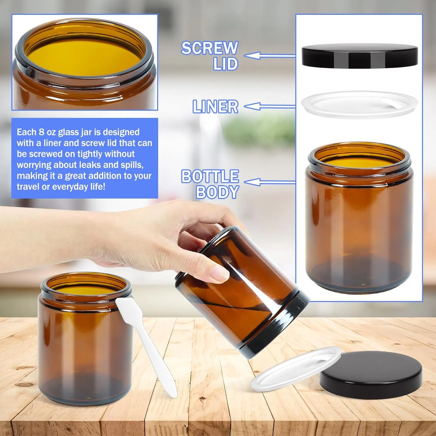 MotBach 2 Pack 8oz Amber Glass Jars with Lids, Round Glass Jars with Spatulas, Inner Liners and Black Lids, Empty Cosmetic Containers Travel Toiletries Container for Lotion, Cream, Makeup, Slime
