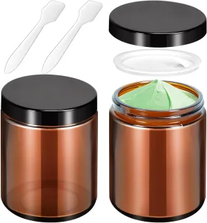 MotBach 2 Pack 8oz Amber Glass Jars with Lids, Round Glass Jars with Spatulas, Inner Liners and Black Lids, Empty Cosmetic Containers Travel Toiletries Container for Lotion, Cream, Makeup, Slime