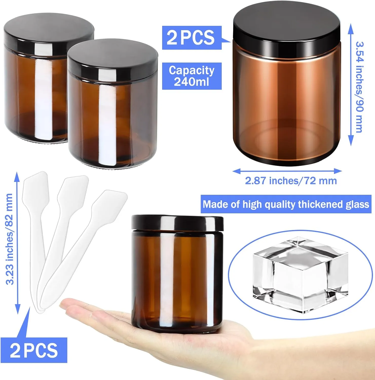 MotBach 2 Pack 8oz Amber Glass Jars with Lids, Round Glass Jars with Spatulas, Inner Liners and Black Lids, Empty Cosmetic Containers Travel Toiletries Container for Lotion, Cream, Makeup, Slime