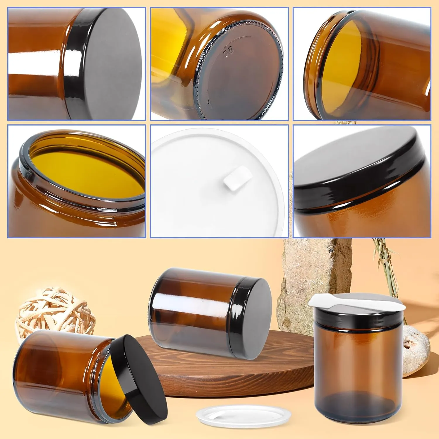 MotBach 2 Pack 8oz Amber Glass Jars with Lids, Round Glass Jars with Spatulas, Inner Liners and Black Lids, Empty Cosmetic Containers Travel Toiletries Container for Lotion, Cream, Makeup, Slime