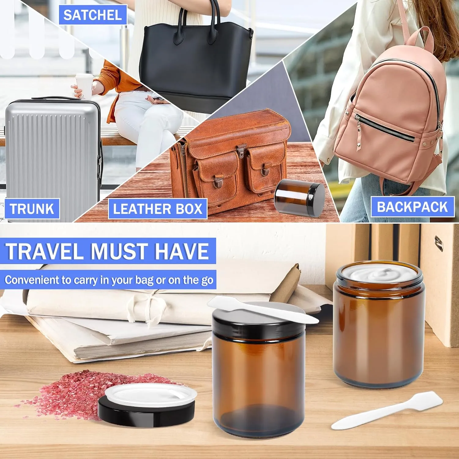 MotBach 2 Pack 8oz Amber Glass Jars with Lids, Round Glass Jars with Spatulas, Inner Liners and Black Lids, Empty Cosmetic Containers Travel Toiletries Container for Lotion, Cream, Makeup, Slime