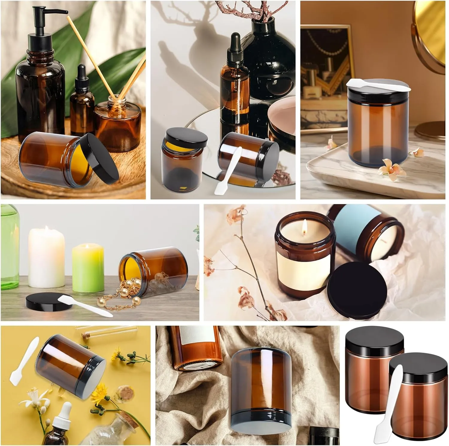 MotBach 2 Pack 8oz Amber Glass Jars with Lids, Round Glass Jars with Spatulas, Inner Liners and Black Lids, Empty Cosmetic Containers Travel Toiletries Container for Lotion, Cream, Makeup, Slime