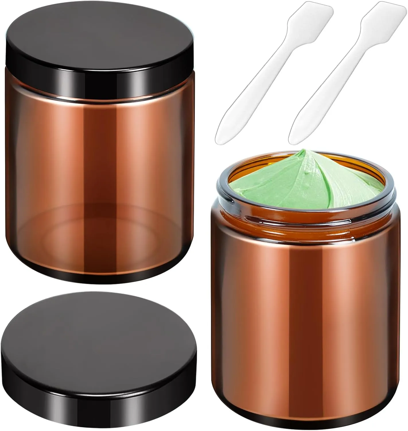 MotBach 2 Pack 8oz Amber Glass Jars with Lids, Round Glass Jars with Spatulas, Inner Liners and Black Lids, Empty Cosmetic Containers Travel Toiletries Container for Lotion, Cream, Makeup, Slime