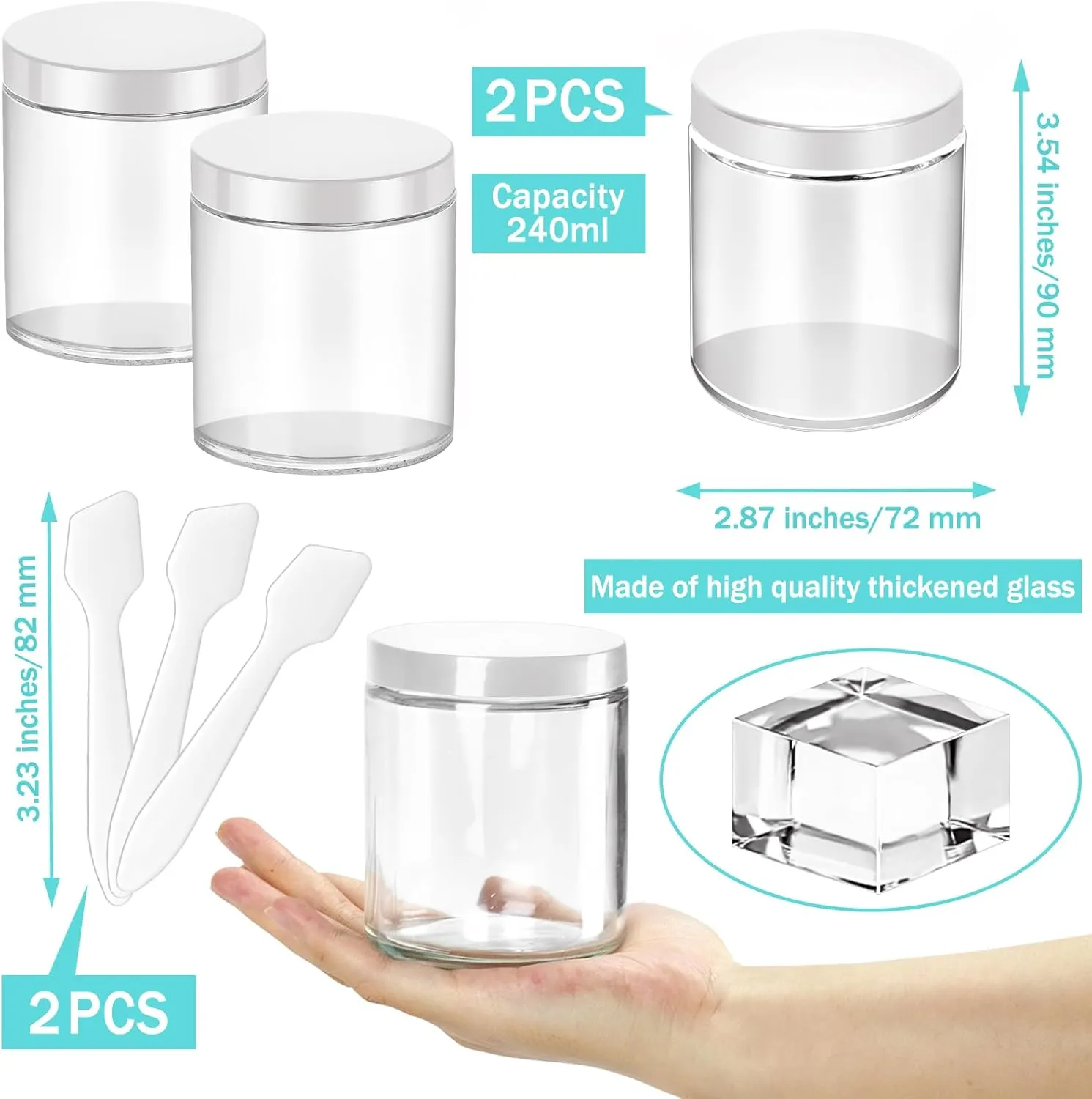 MotBach 2 Pack 8oz Glass Jars with Lids, Round Glass Jars with Spatulas, Inner Liners and White Lids, Empty Cosmetic Containers Travel Toiletries Container for Lotion, Cream, Makeup, Cosmetic, Slime