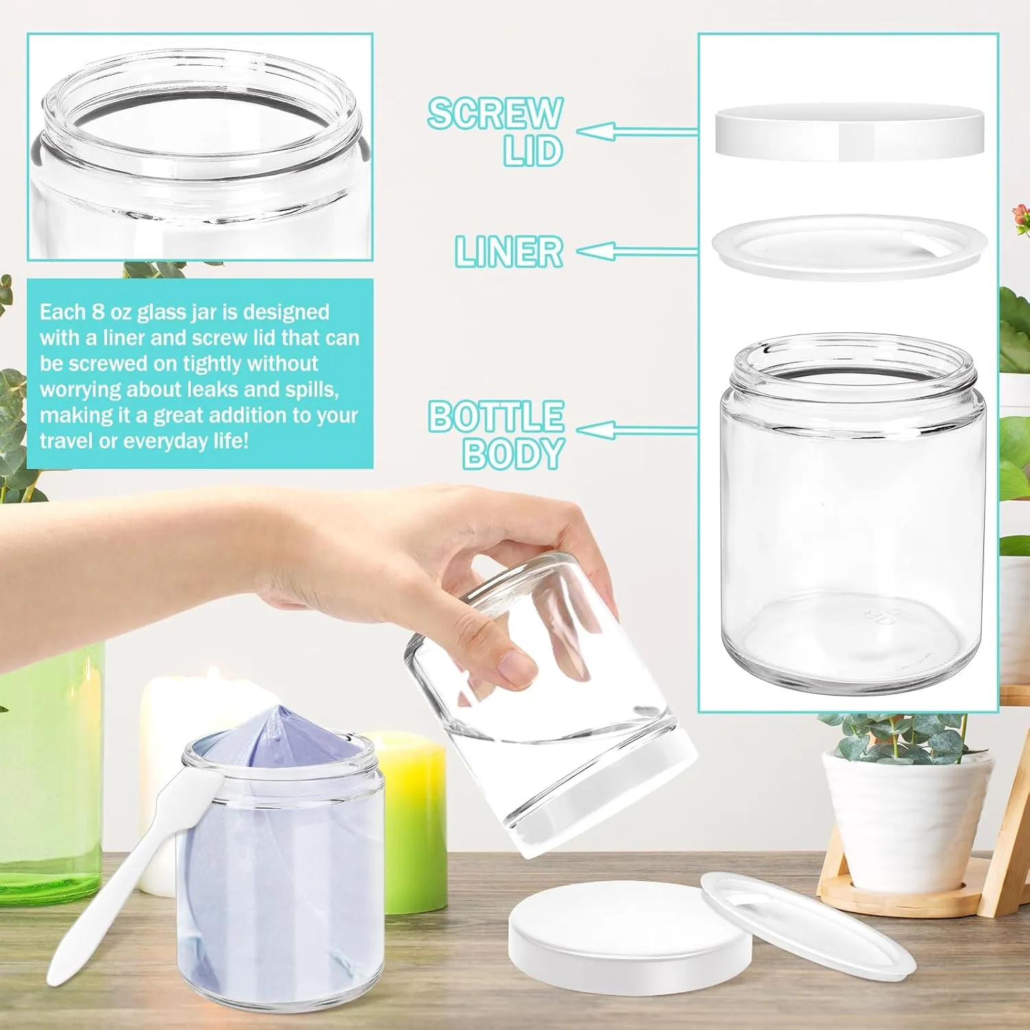 MotBach 2 Pack 8oz Glass Jars with Lids, Round Glass Jars with Spatulas, Inner Liners and White Lids, Empty Cosmetic Containers Travel Toiletries Container for Lotion, Cream, Makeup, Cosmetic, Slime