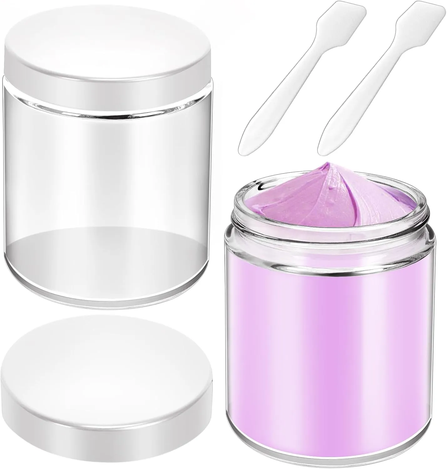 MotBach 2 Pack 8oz Glass Jars with Lids, Round Glass Jars with Spatulas, Inner Liners and White Lids, Empty Cosmetic Containers Travel Toiletries Container for Lotion, Cream, Makeup, Cosmetic, Slime