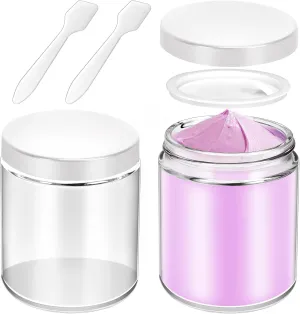 MotBach 2 Pack 8oz Glass Jars with Lids, Round Glass Jars with Spatulas, Inner Liners and White Lids, Empty Cosmetic Containers Travel Toiletries Container for Lotion, Cream, Makeup, Cosmetic, Slime