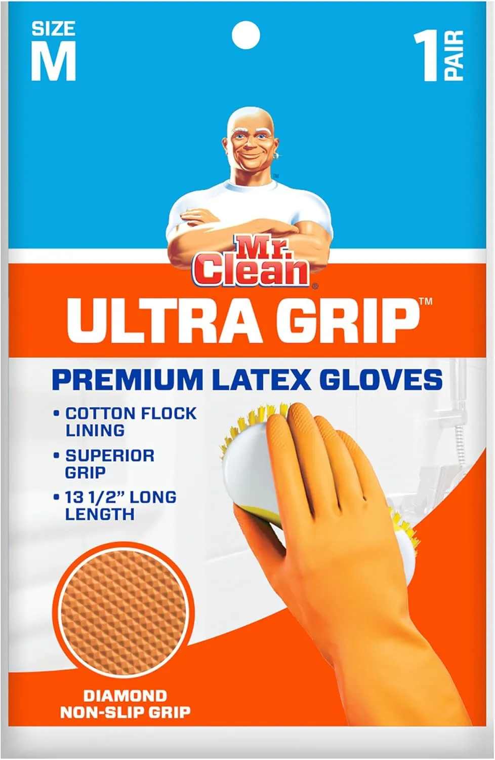 Mr. Clean Ultra Grip, Heat Resisting, Soft Cotton Flock Lining, Extreme Non-Slip Diamond Grip Gloves, Medium