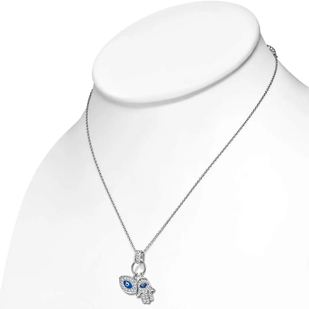My Daily Styles 925 Silver Evil Eye Hamsa Necklace Jewelry Hamsa Blue White CZ Pendant - Protection Evil Eye Minimalist Simple Necklace Gift Perfect Religious Gift