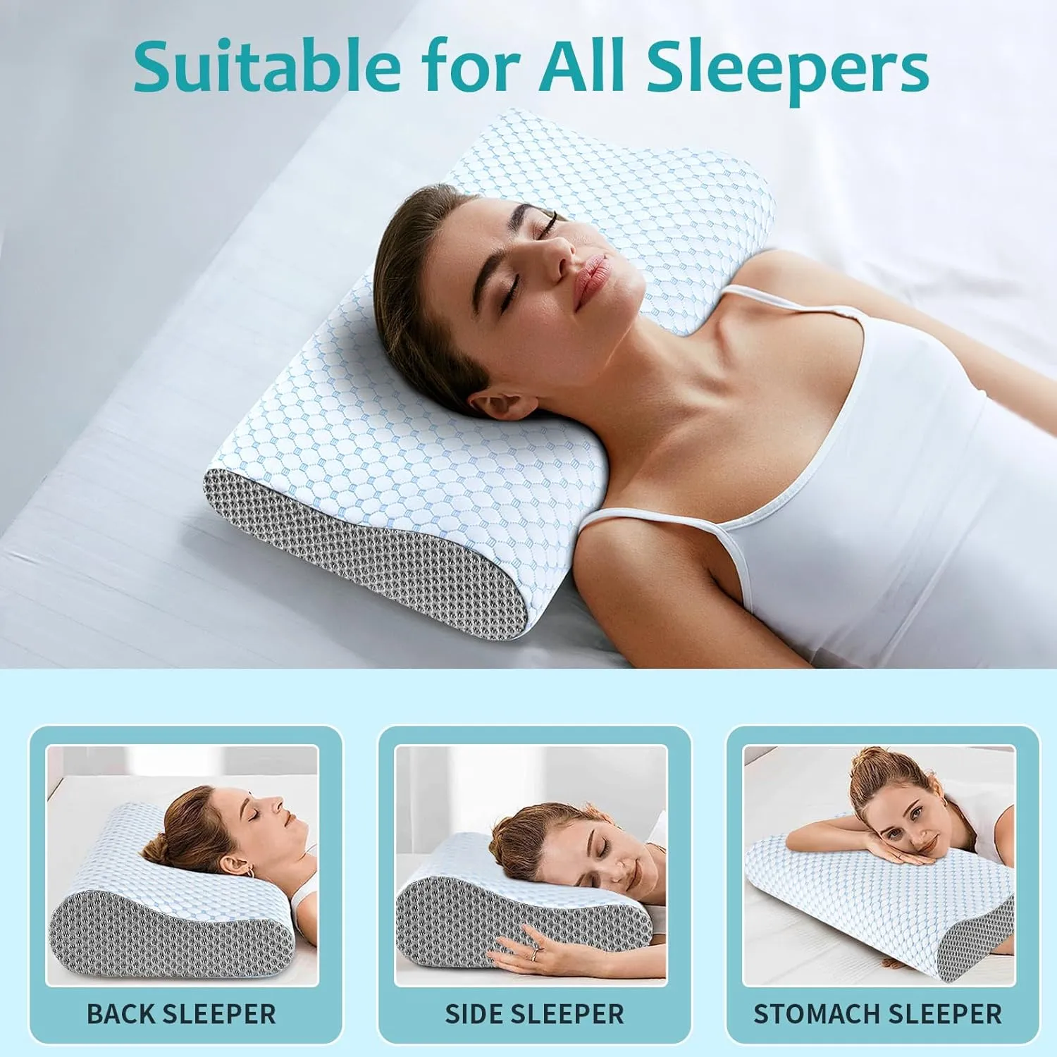 Neck Pillow Memory Foam Pillows - Cooling Neck Support Pillow for Pain Relief, Ergonomic Cervical Pillow for Sleeping, Orthopedic Contour Bed Pillow for Side, Back & Stomach Sleepers (Blue & Grey)